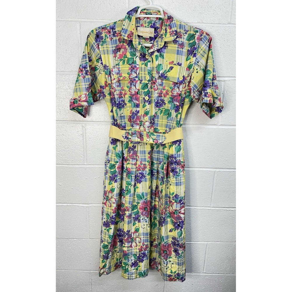 Vintage 70s California Girl‎ Shirt Dress Plaid Floral Cotton Belted Size 10 USA